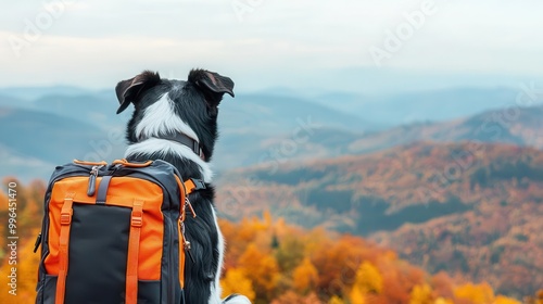 Dog with a rucksack climbing a mountainous trail, vibrant autumn colors, energetic and joyful photo