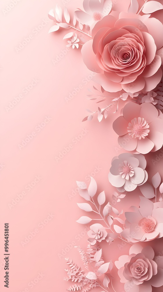 3D paper cut style, pink background with lots of pastel-colored flowers on the side, empty space for text 3D paper cut style, pink background with lots of pastel-colored flowers on the side, empty space for text