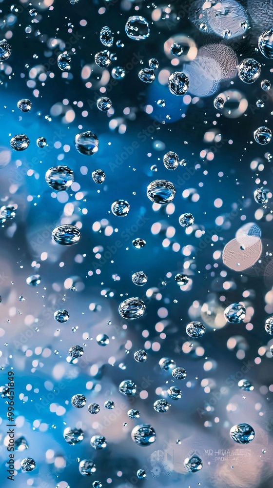 Water drops on a blue background,  water bubbles in the air with an underwater effect. 