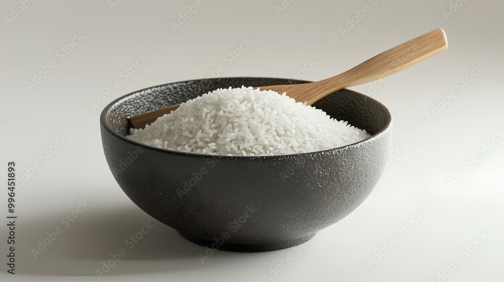 A bowl filled with white rice sits on a plain surface, accompanied by a wooden spoon for serving. A bowl filled with white rice sits on a plain surface, accompanied by a wooden spoon for serving.