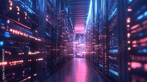 Futuristic Data Center with Glowing Servers and Cables photo