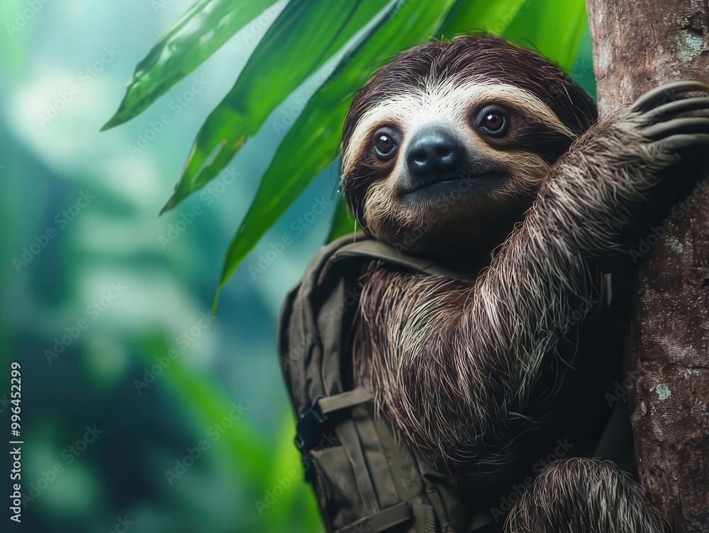 Sloth with a rucksack climbing a jungle tree on a mountain, slow and steady, lush and green Sloth with a rucksack climbing a jungle tree on a mountain, slow and steady, lush and green