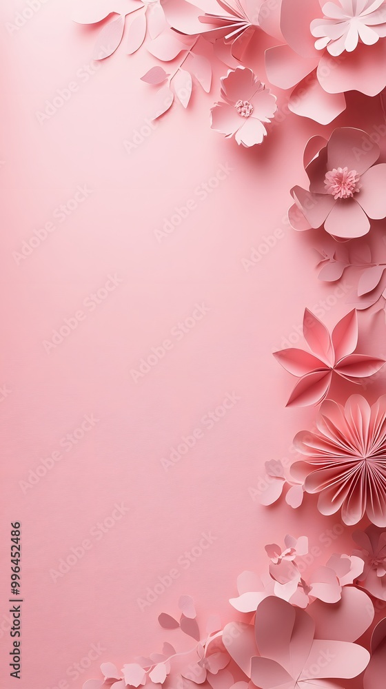 3D paper cut style, pink background with lots of pastel-colored flowers on the side, empty space for text 3D paper cut style, pink background with lots of pastel-colored flowers on the side, empty space for text