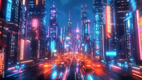 AIpowered metropolis, neon lights, advanced technology, digital society