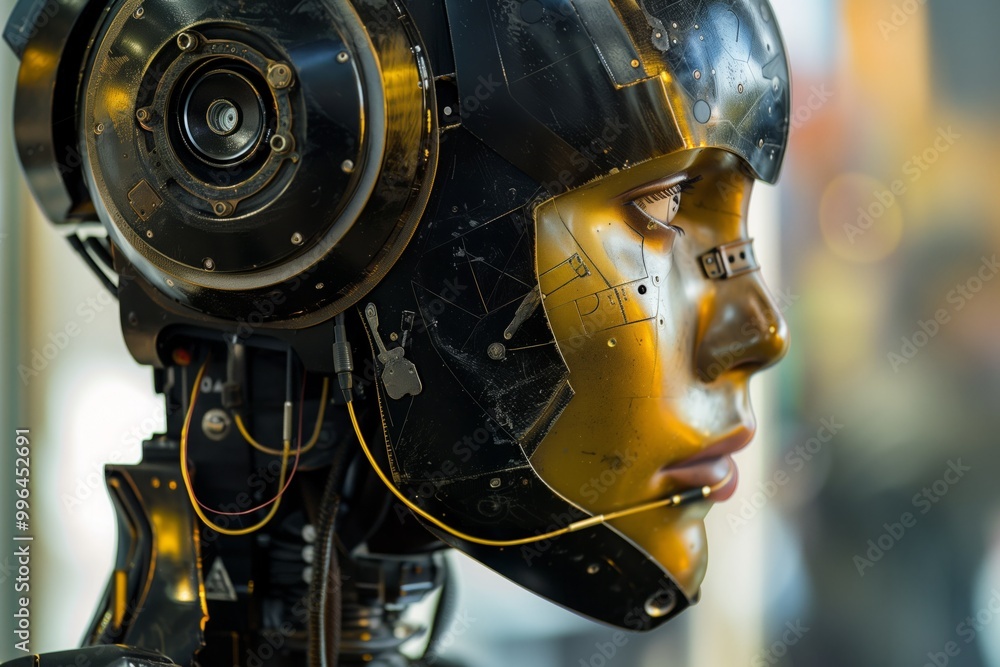 A robot with a gold face and black body A robot with a gold face and black body