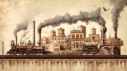 A simple drawing of how machines, factories, and steam changed the way we lived and worked during the industrial revolution. Industrial Revolution. Illustration
