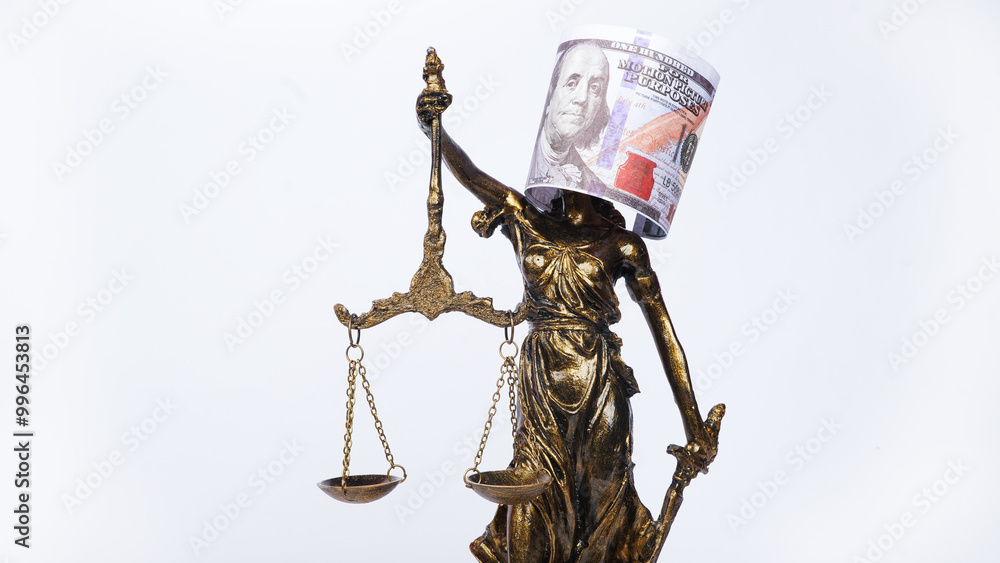Themis statue, the Greek goddess of justice and the US dollar bill covering themis' head with a white background. the concept of bribery, justice and corruption decisions Themis statue, the Greek goddess of justice and the US dollar bill covering themis' head with a white background. the concept of bribery, justice and corruption decisions