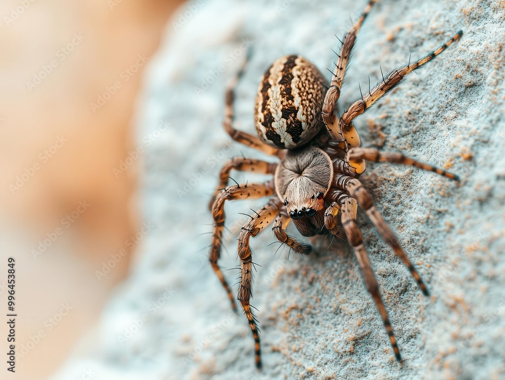 Spider with a tiny rucksack climbing a high wall, agile and stealthy, intricate web, abstract perspective Spider with a tiny rucksack climbing a high wall, agile and stealthy, intricate web, abstract perspective