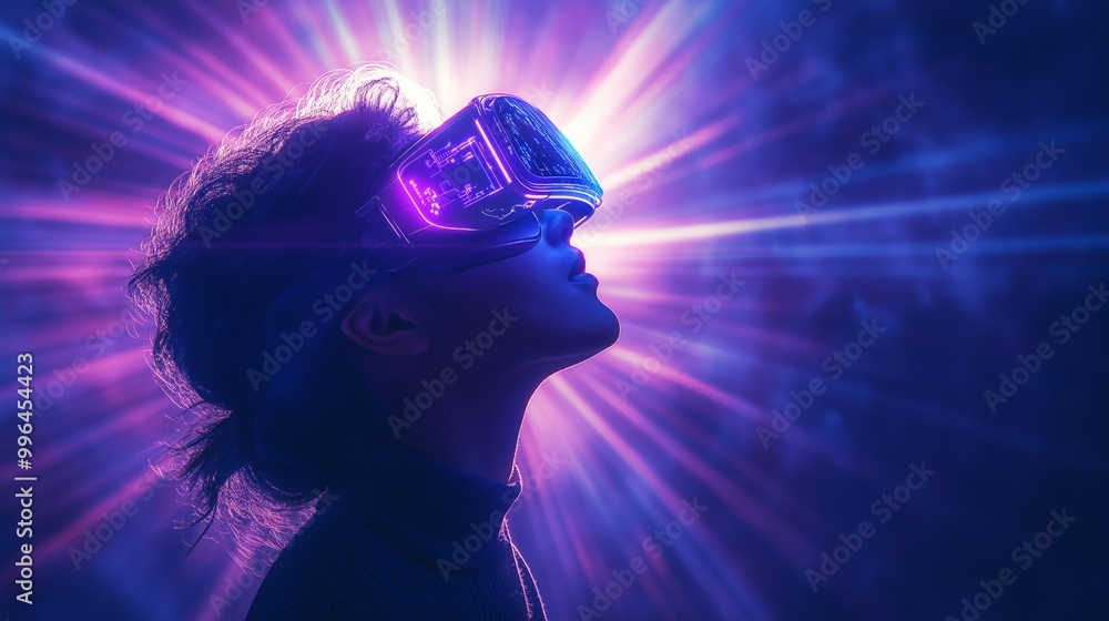 Futuristic girl wearing VR glasses with neon light burst and digital interface Futuristic girl wearing VR glasses with neon light burst and digital interface