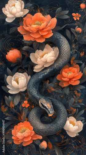 A black snake slithers through a vibrant garden of white and orange peonies. photo