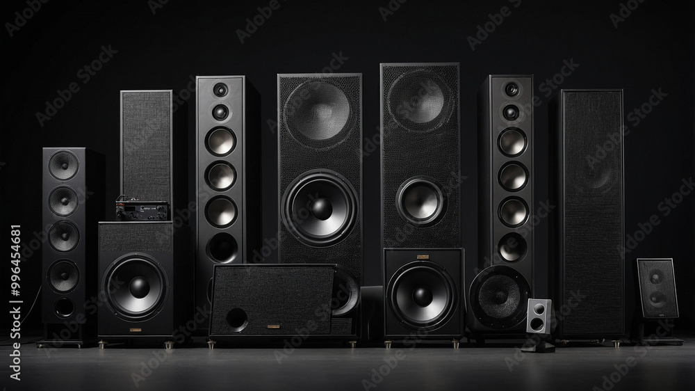 An array of various sizes and styles of black speakers with wooden accents placed on black background. An array of various sizes and styles of black speakers with wooden accents placed on black background.