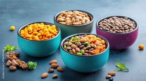 Healthy, colorful pet food variety shown in ceramic dishes