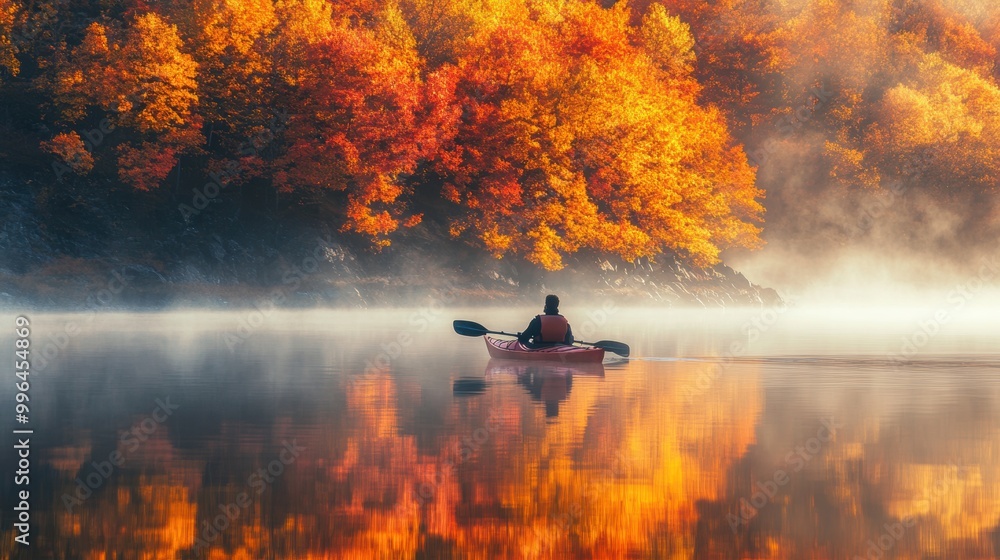 A person kayaking in water with colorful Autumn foliage woods A person kayaking in water with colorful Autumn foliage woods