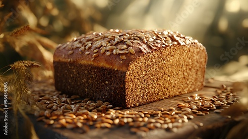 A freshly baked loaf of brown bread topped with seeds, resting on a wooden surface surrounded by scattered seeds, illuminated by soft, warm light.