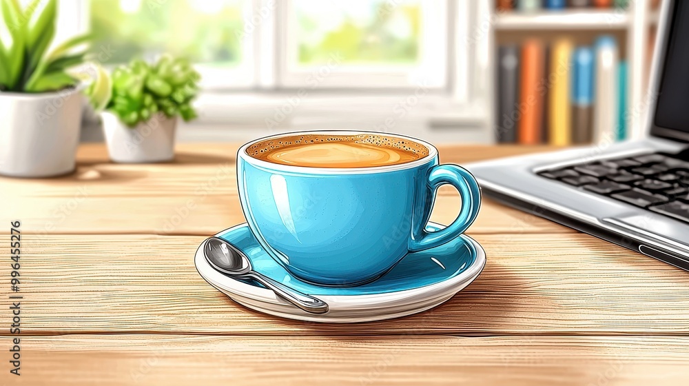 A vibrant blue coffee cup on a wooden table enhances your workspace with warmth and comfort. A vibrant blue coffee cup on a wooden table enhances your workspace with warmth and comfort.