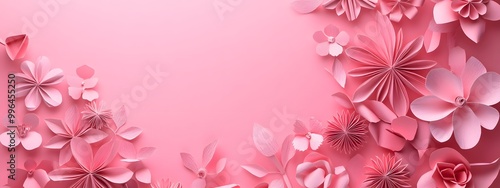 3D paper cut style, pink background with lots of pastel-colored flowers on the side, empty space for text