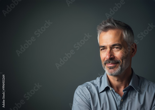 Mature Man with Confident Expression Looking Away Against Dark Background with Copy Space