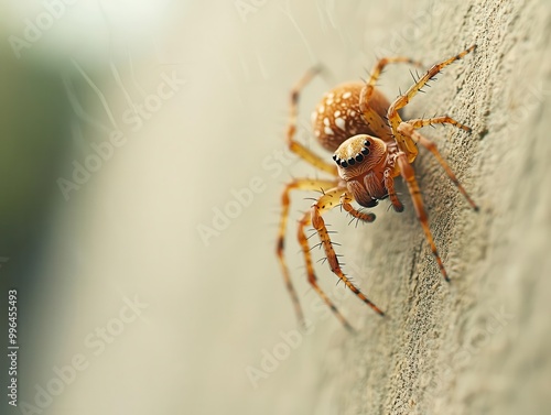 Spider with a tiny rucksack climbing a high wall, agile and stealthy, intricate web, abstract perspective photo