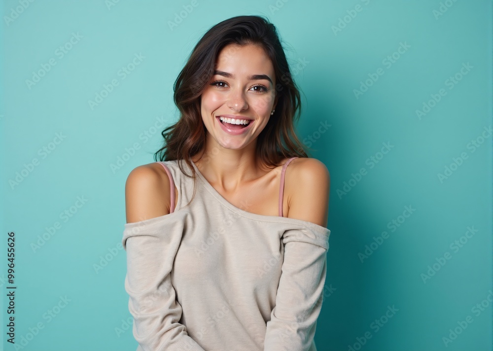 Young woman with joyful expression smiling brightly against turquoise background Young woman with joyful expression smiling brightly against turquoise background