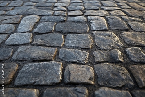 Cobblestone street texture, with uneven stones and weathered surfaces