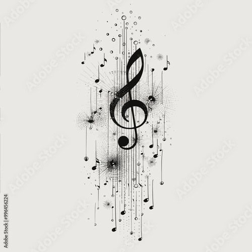Artistic music design featuring a treble clef and musical notes in black and white