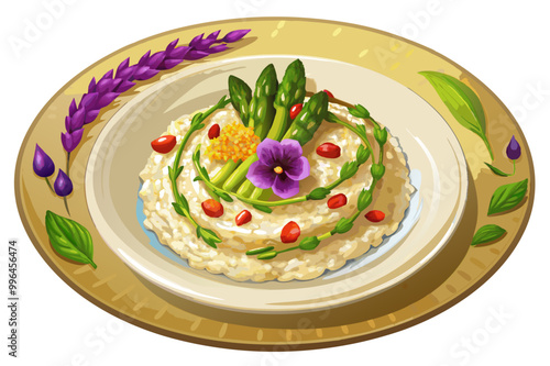Elegant risotto plate garnished with asparagus tips 