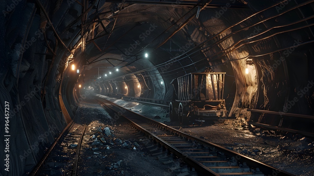 Naklejka premium Illuminated Underground Mining Tunnel with Rail Network for Ore Carts