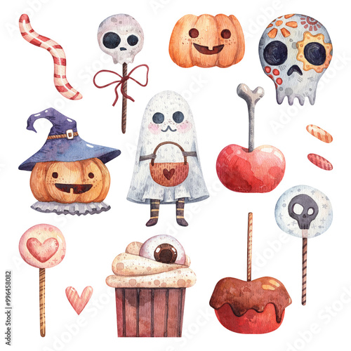 Wallpaper Mural Spooky set with carved pumpkin, ghost, skulls, glazed apple candy, muffin. Halloween and Day of dead themed illustrations. Watercolor hand-painted collection Torontodigital.ca