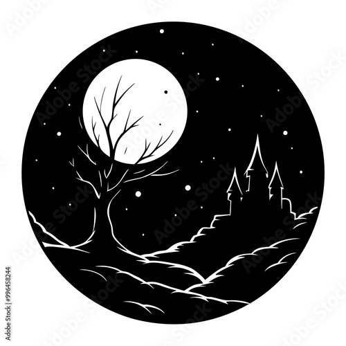 Eerie moonrise silhouette vector illustration on white background