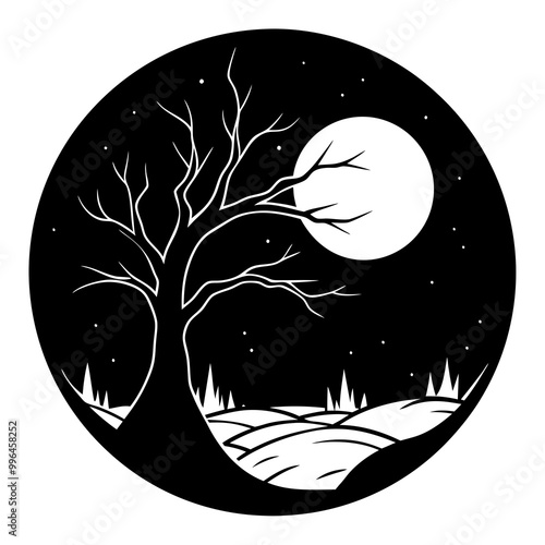 Eerie moonrise silhouette vector illustration on white background