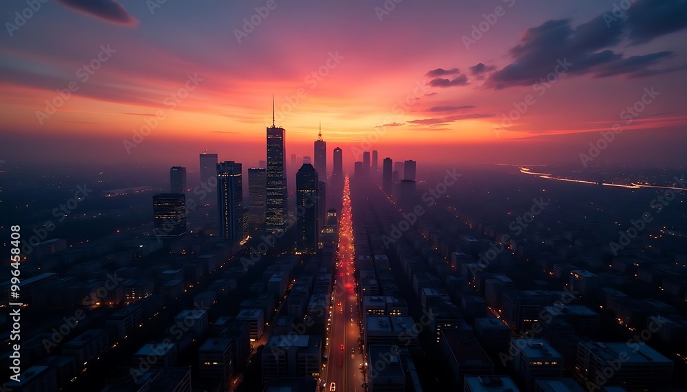 Fototapeta premium A time-lapse of a modern city at dawn, with the skyline silhouetted against the gradually brightening sky as the day begins to emerge 