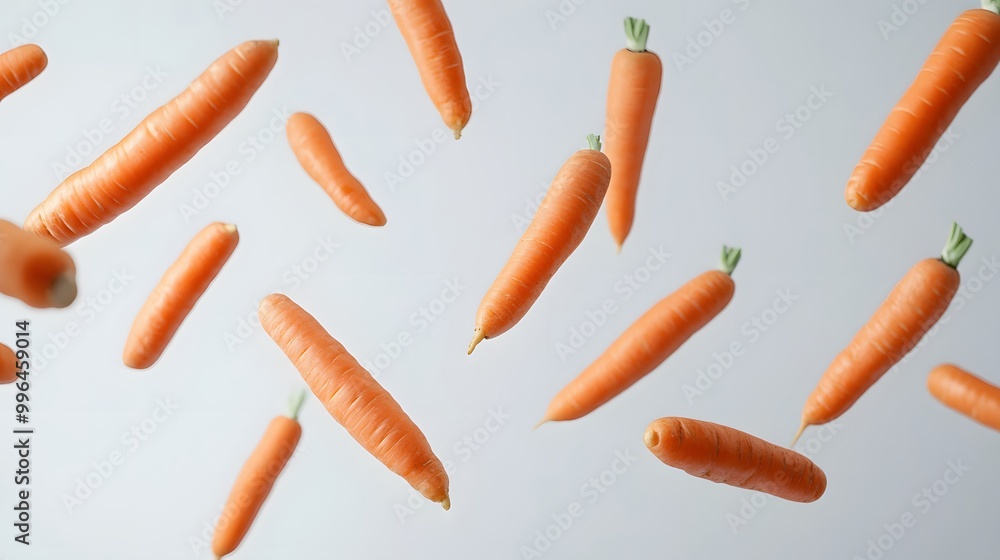 Carrots falling in various positions on a white backdrop Carrots falling in various positions on a white backdrop
