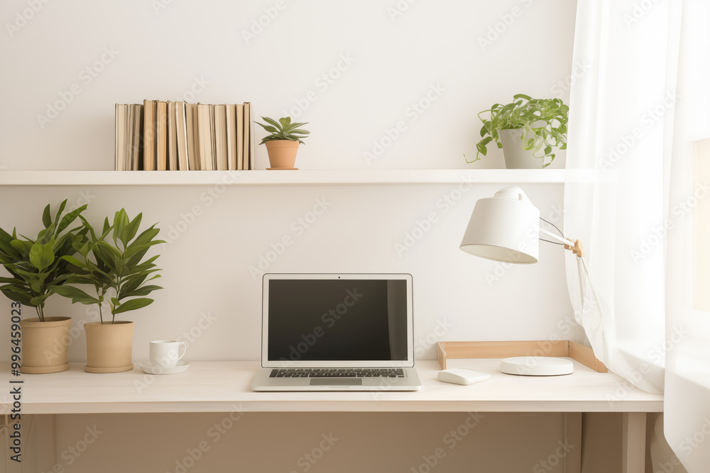 A sleek, all-white study table with a minimalist design. The laptop sits neatly in the center, accompanied by a simple, elegant desk lamp with a metallic finish. A sleek, all-white study table with a minimalist design. The laptop sits neatly in the center, accompanied by a simple, elegant desk lamp with a metallic finish.