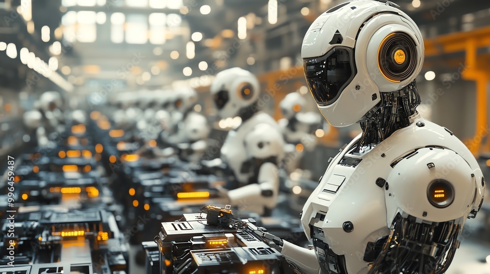 A line of humanoid robots work on an assembly line in a futuristic factory. A line of humanoid robots work on an assembly line in a futuristic factory.