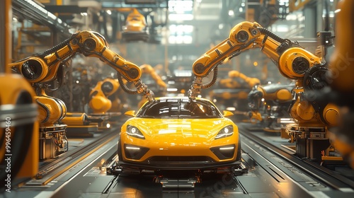 Yellow car on an assembly line, being worked on by robotic arms. The car is in focus and the robots are blurred.