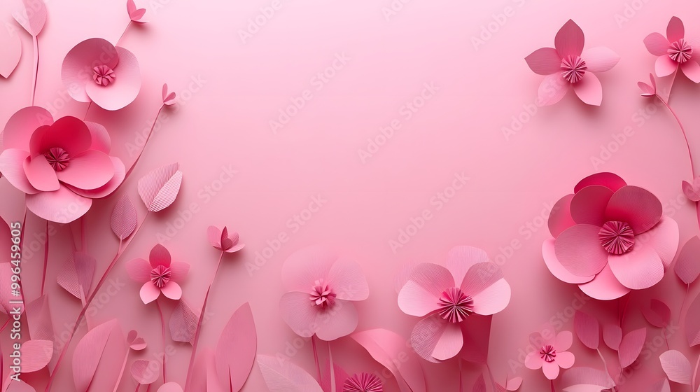 3D paper cut style, pink background with lots of pastel-colored flowers on the side, empty space for text 3D paper cut style, pink background with lots of pastel-colored flowers on the side, empty space for text