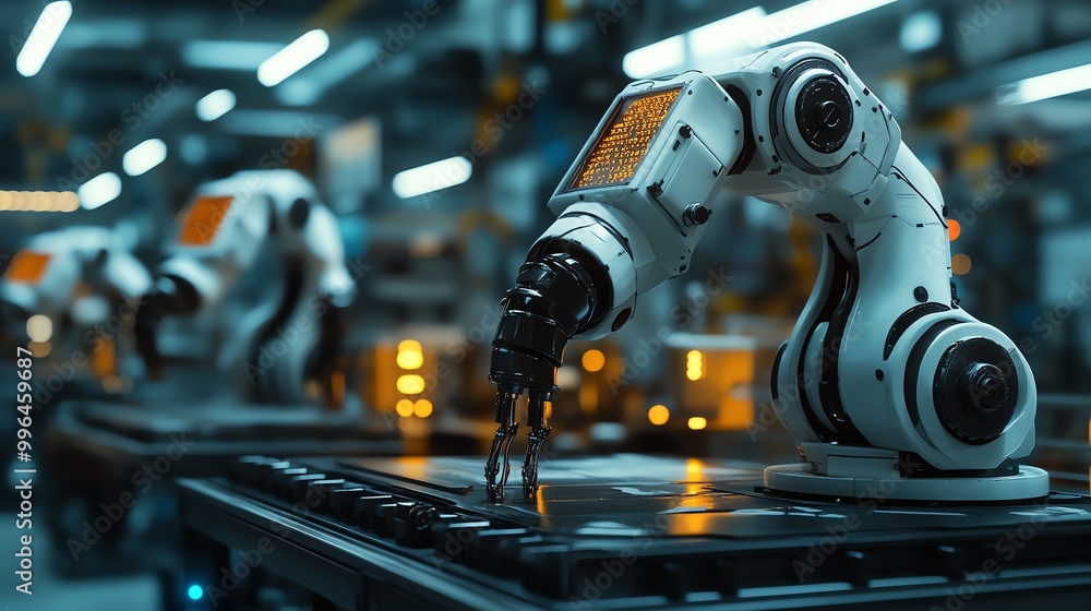 Industrial robot arm working on a production line, demonstrating automation in modern manufacturing. Industrial robot arm working on a production line, demonstrating automation in modern manufacturing.