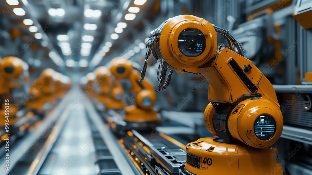 Row of robotic arms on an assembly line in a factory. Row of robotic arms on an assembly line in a factory.