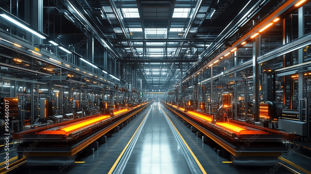 Empty futuristic factory with glowing conveyor belts. Empty futuristic factory with glowing conveyor belts.