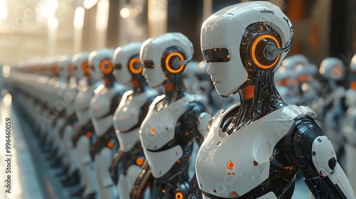 Line of futuristic robots in a factory setting, representing automation and artificial intelligence. photo