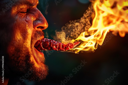 Man breathing fire after eaten hot and spicy Carolina Reaper chili peppers. Generative Ai photo