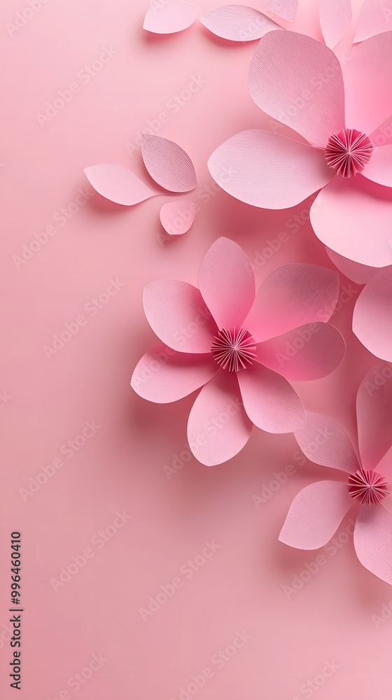 3D paper cut style, pink background with lots of pastel-colored flowers on the side, empty space for text 3D paper cut style, pink background with lots of pastel-colored flowers on the side, empty space for text