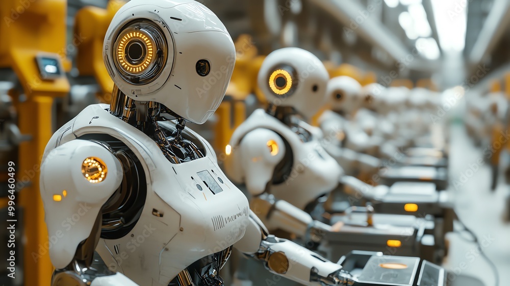 A row of humanoid robots working in a factory setting, representing automation and industrial innovation. A row of humanoid robots working in a factory setting, representing automation and industrial innovation.