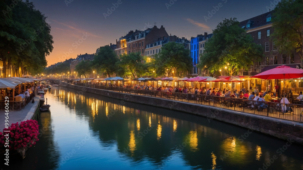 Fototapeta premium Scenic canal-side cafes with lit terraces during a serene twilight evening, showcasing vibrant umbrellas.