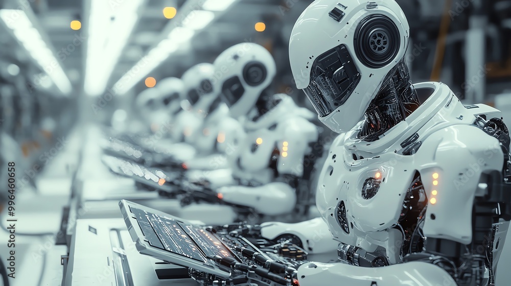 Row of futuristic robots working on laptops in a high-tech factory setting. Row of futuristic robots working on laptops in a high-tech factory setting.
