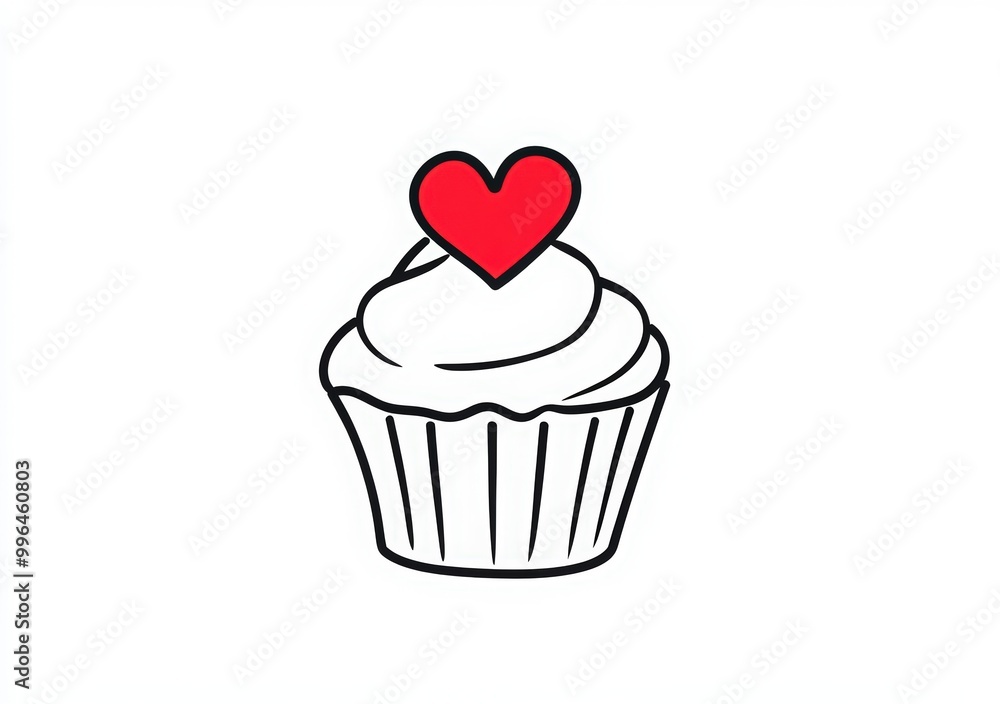 One line drawing of a cupcake with a heart shape on top, line art design for a birthday party banner or greeting card template. One line drawing of a cupcake with a heart shape on top, line art design for a birthday party banner or greeting card template.