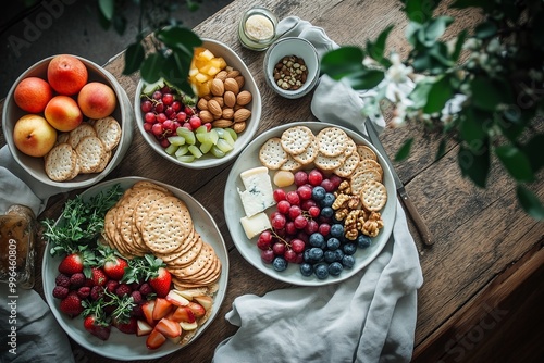 Elegant Girl Dinner with Fresh Fruits, Gourmet Cheese, Crackers, and Nuts on a Cozy Wooden Table with Linen Cloth and Neutral Tones