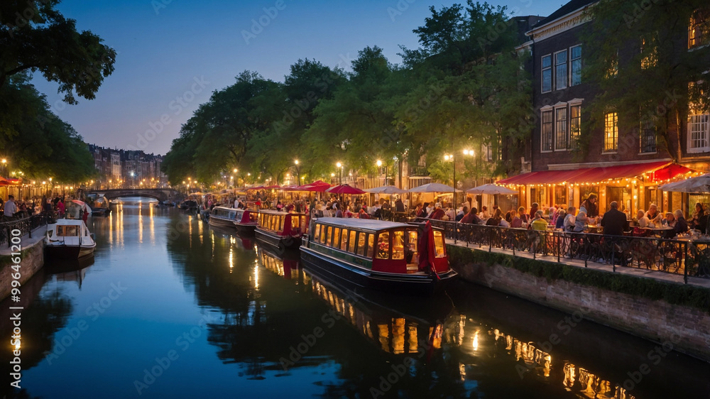 Naklejka premium Scenic canal-side cafes with lit terraces during a serene twilight evening, showcasing vibrant umbrellas.