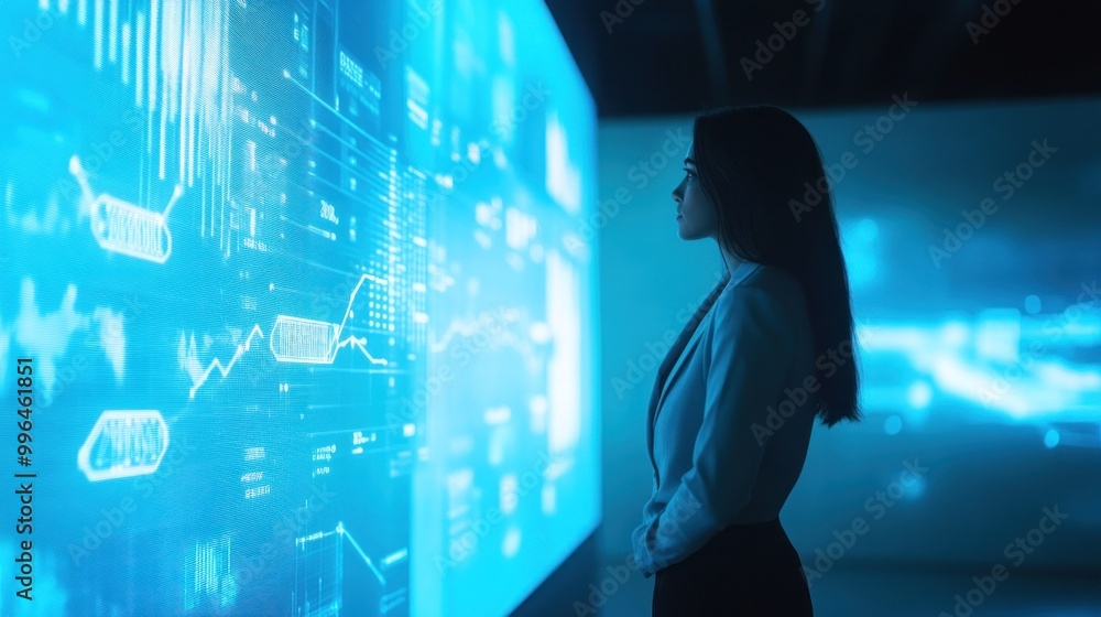 Naklejka premium A woman observes digital data on screens in a modern, tech-focused environment.