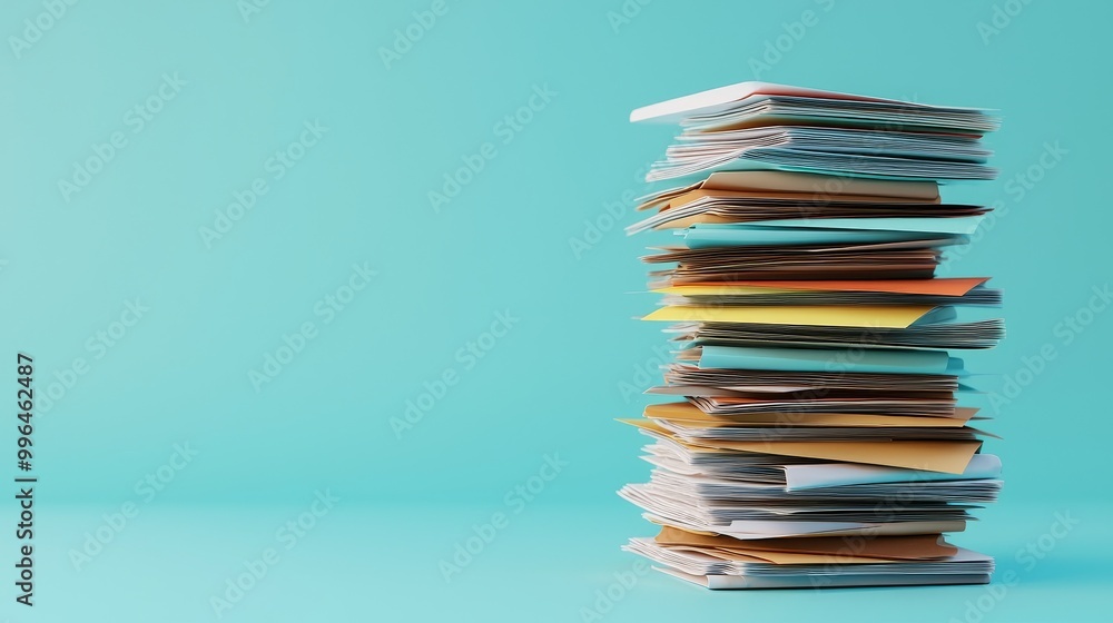 Colorful stack of papers on a teal background, representing organization and planning. Colorful stack of papers on a teal background, representing organization and planning.